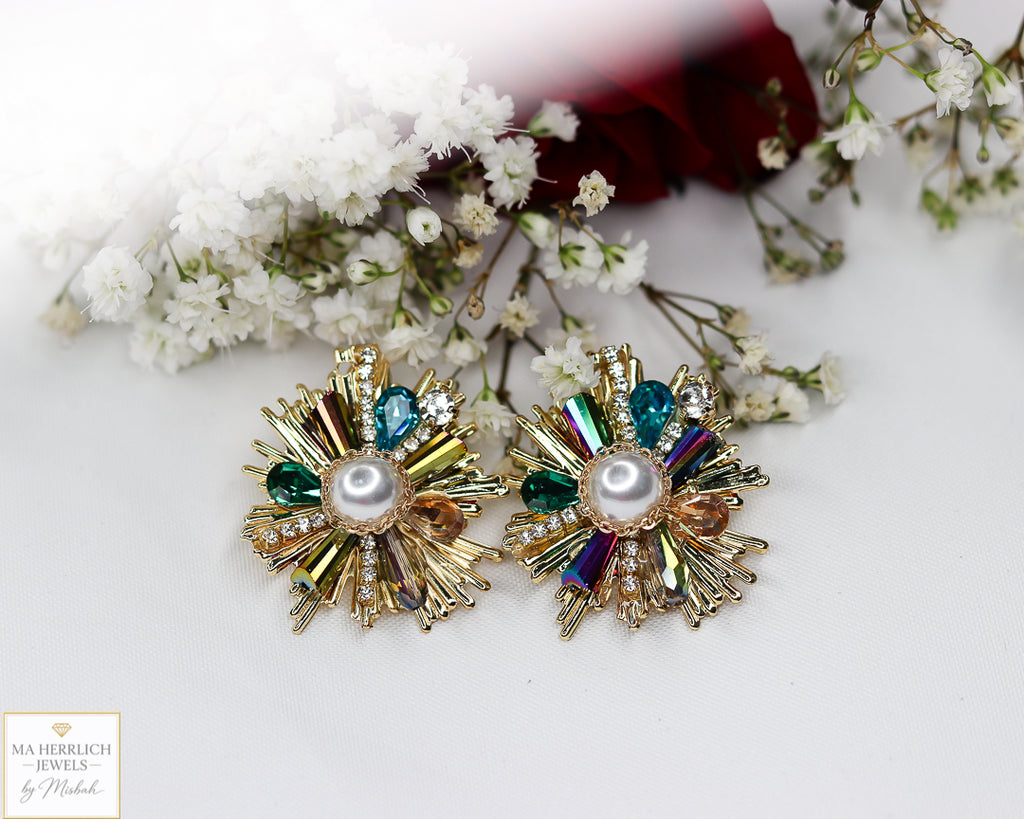 Rhinestone Crystal Flower Pearl Stud Earrings