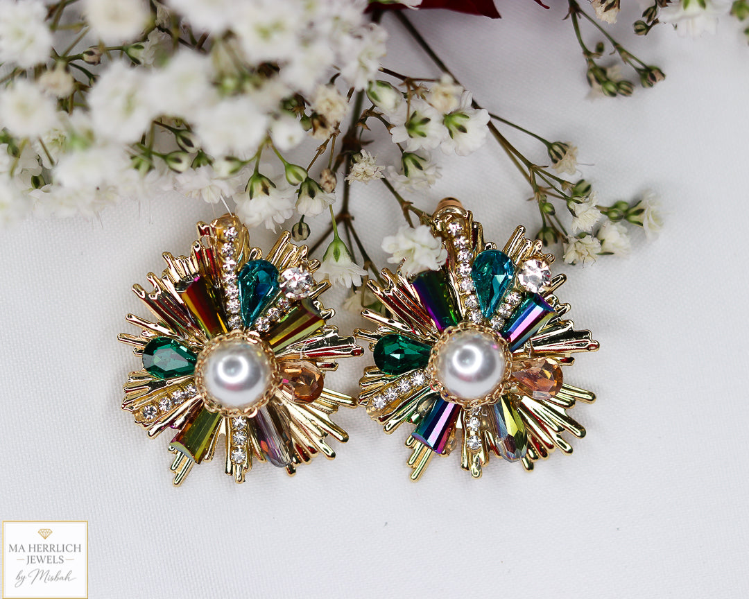 Rhinestone Crystal Flower Pearl Stud Earrings