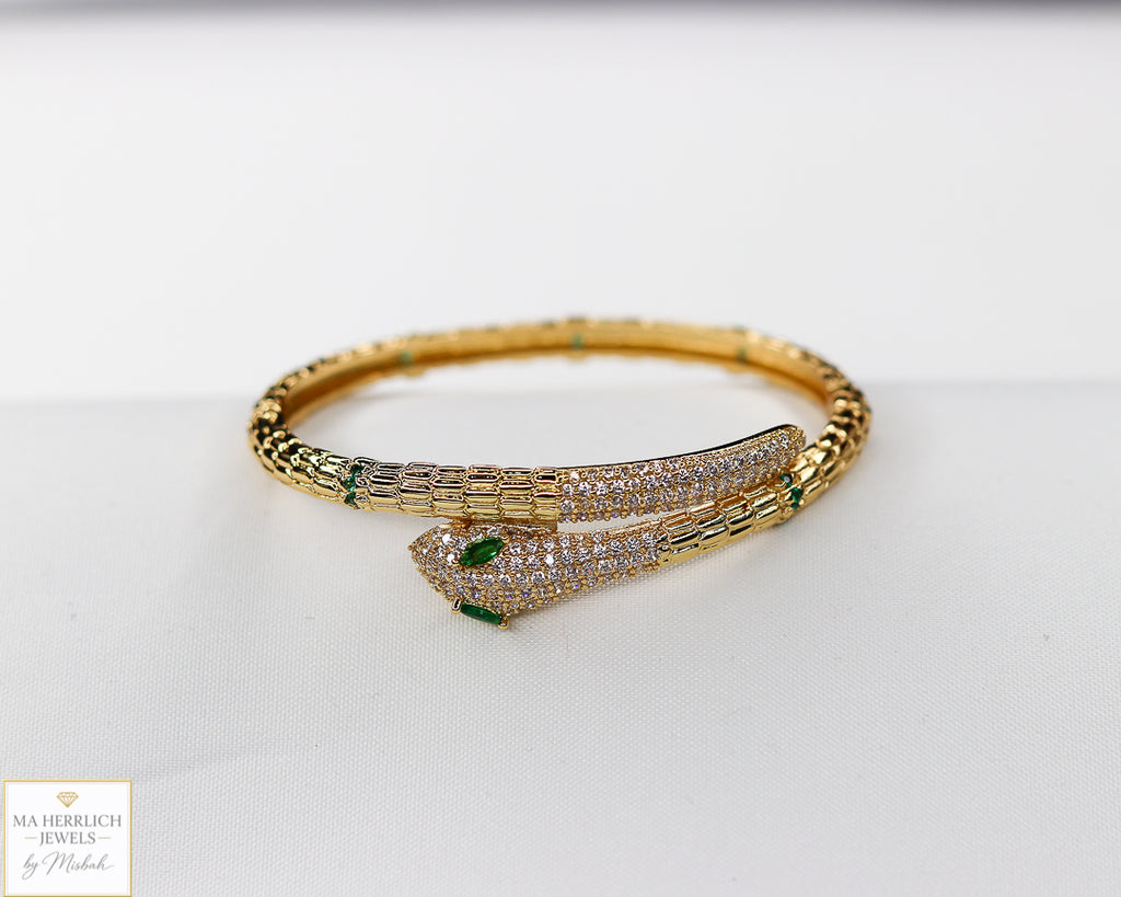 18K Gold Plated Snake Bracelet with Green Zircon Eyes