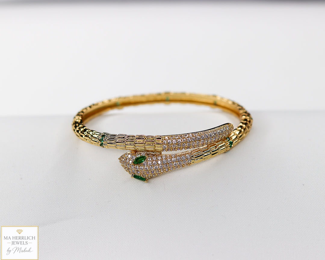 18K Gold Plated Snake Bracelet with Green Zircon Eyes