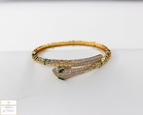 18K Gold Plated Snake Bracelet with Green Zircon Eyes