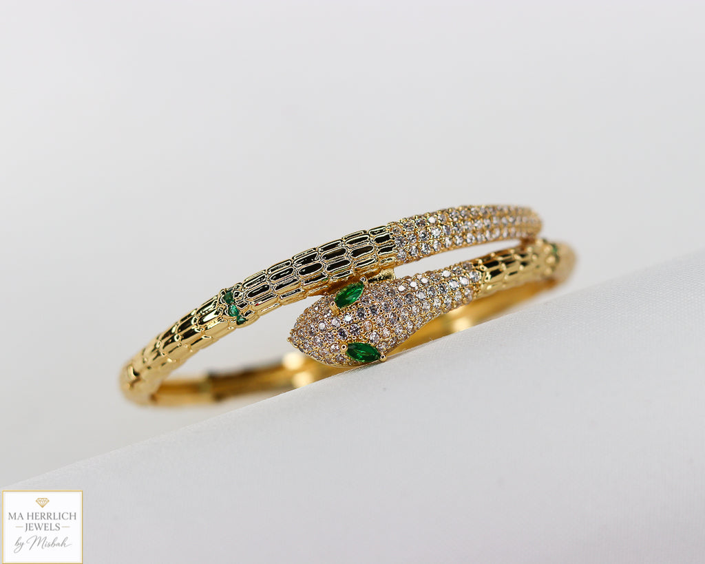 18K Gold Plated Snake Bracelet with Green Zircon Eyes