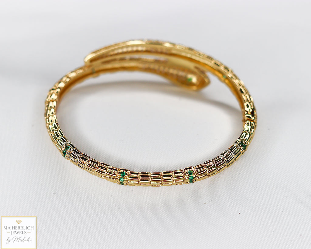 18K Gold Plated Snake Bracelet with Green Zircon Eyes