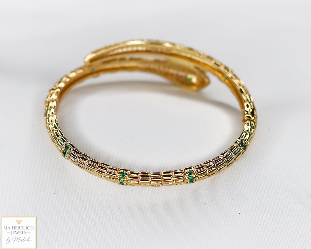 18K Gold Plated Snake Bracelet with Green Zircon Eyes