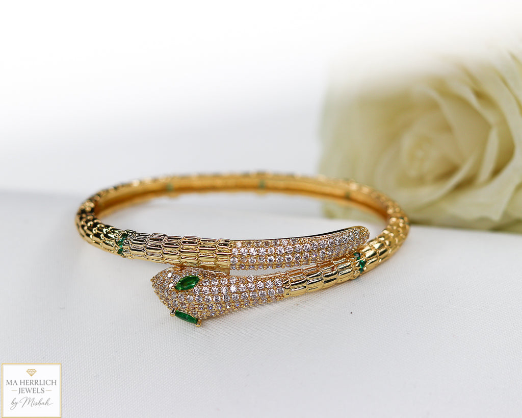 18K Gold Plated Snake Bracelet with Green Zircon Eyes