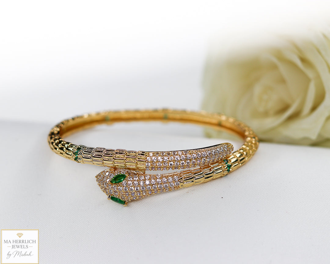 18K Gold Plated Snake Bracelet with Green Zircon Eyes
