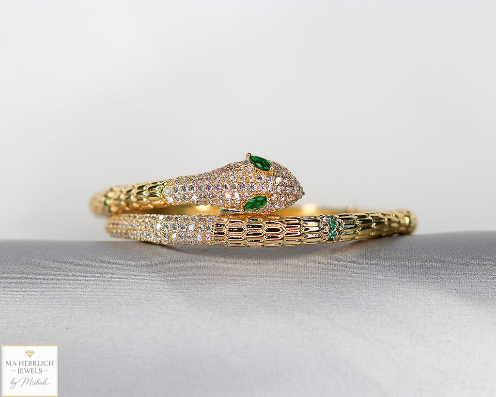 18K Gold Plated Snake Bracelet with Green Zircon Eyes