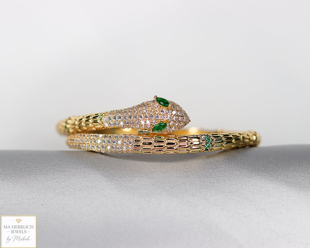 18K Gold Plated Snake Bracelet with Green Zircon Eyes