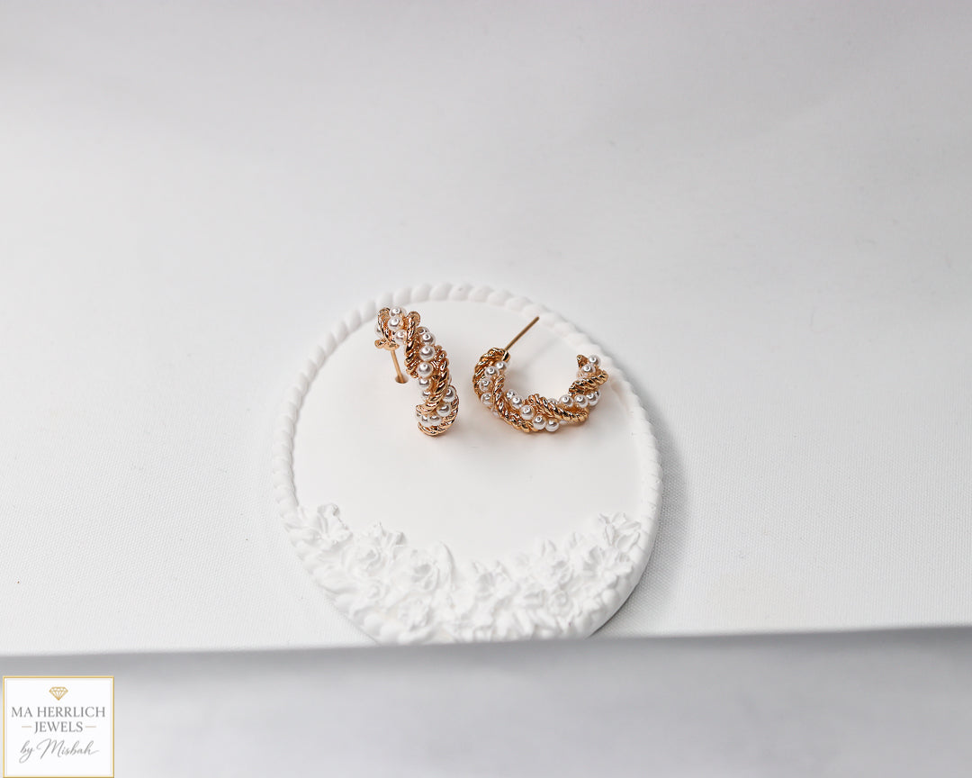 Gold Half Hoop Pearl Earrings