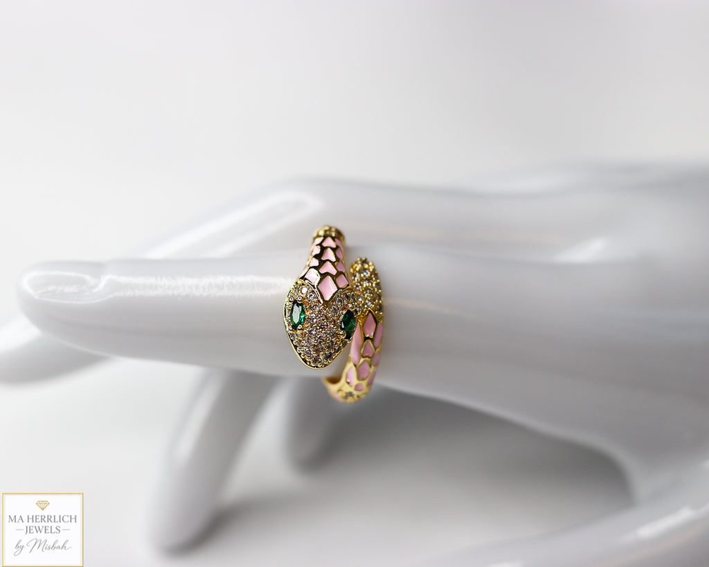 Adjustable Snake Ring with Green Eyes Statement