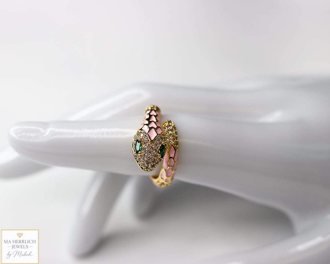 Adjustable Snake Ring with Green Eyes Statement