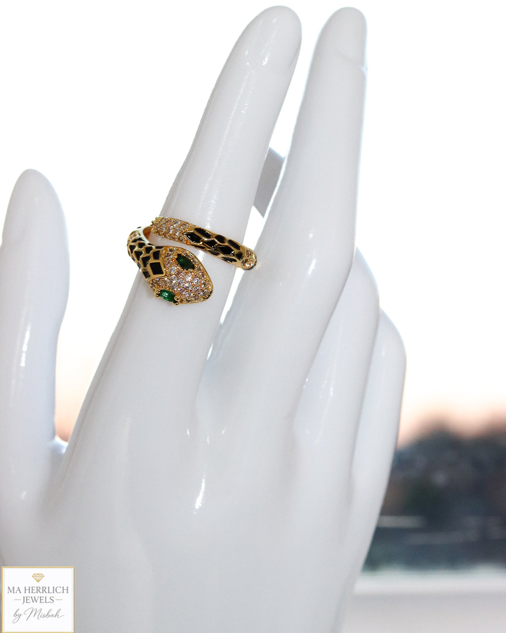 Adjustable Snake Ring with Green Eyes Statement