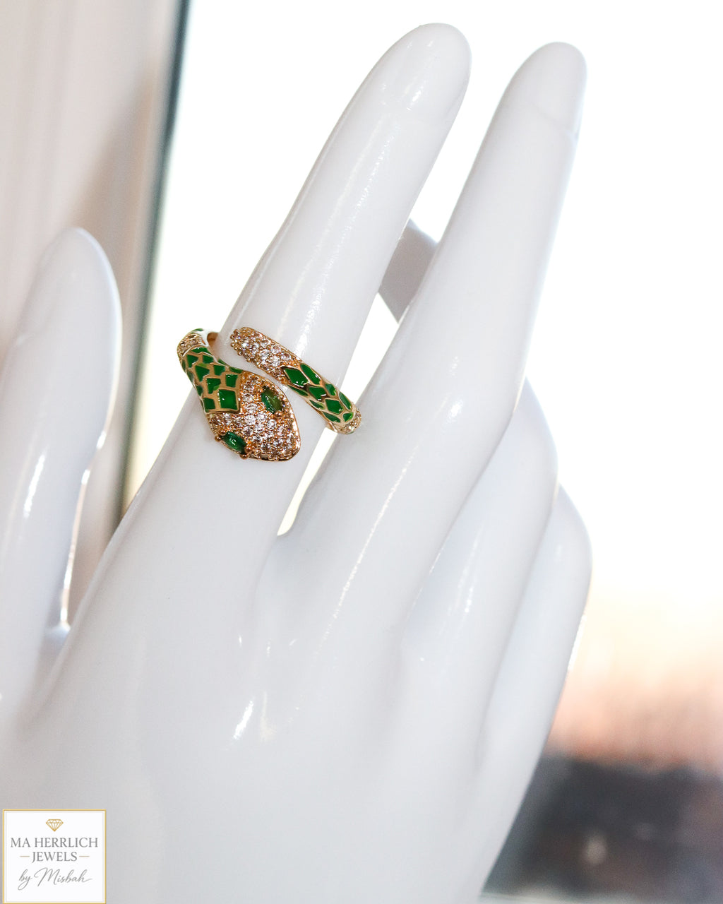 Adjustable Snake Ring with Green Eyes Statement