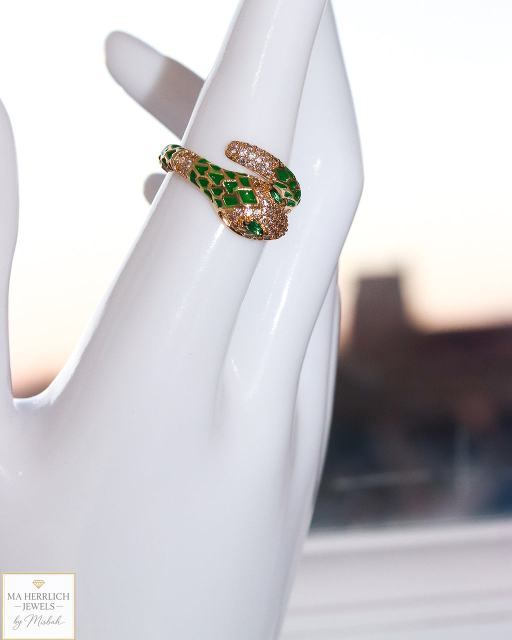 Adjustable Snake Ring with Green Eyes Statement