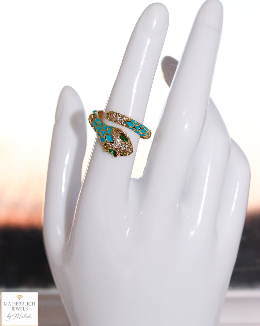 Adjustable Snake Ring with Green Eyes Statement