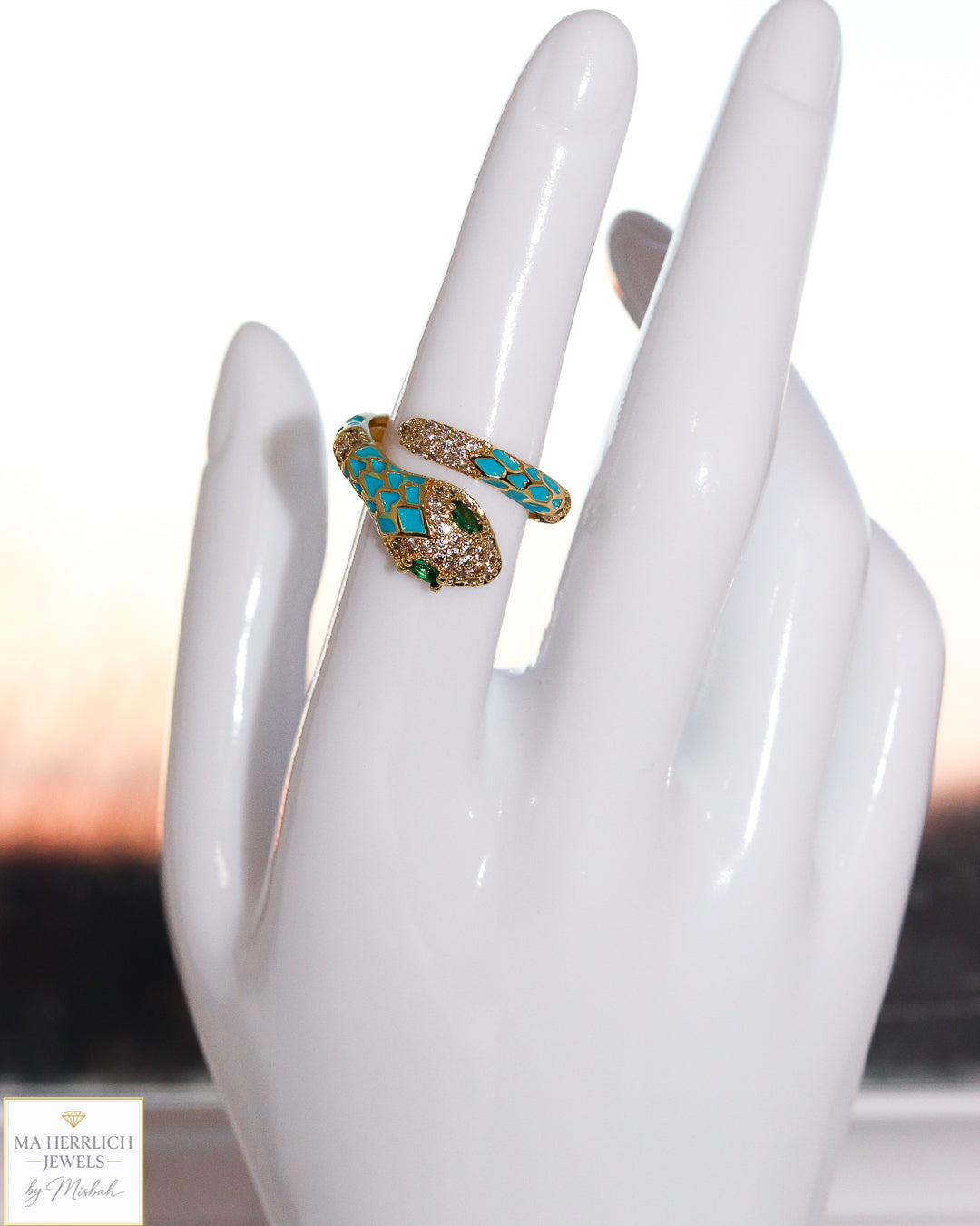 Adjustable Snake Ring with Green Eyes Statement