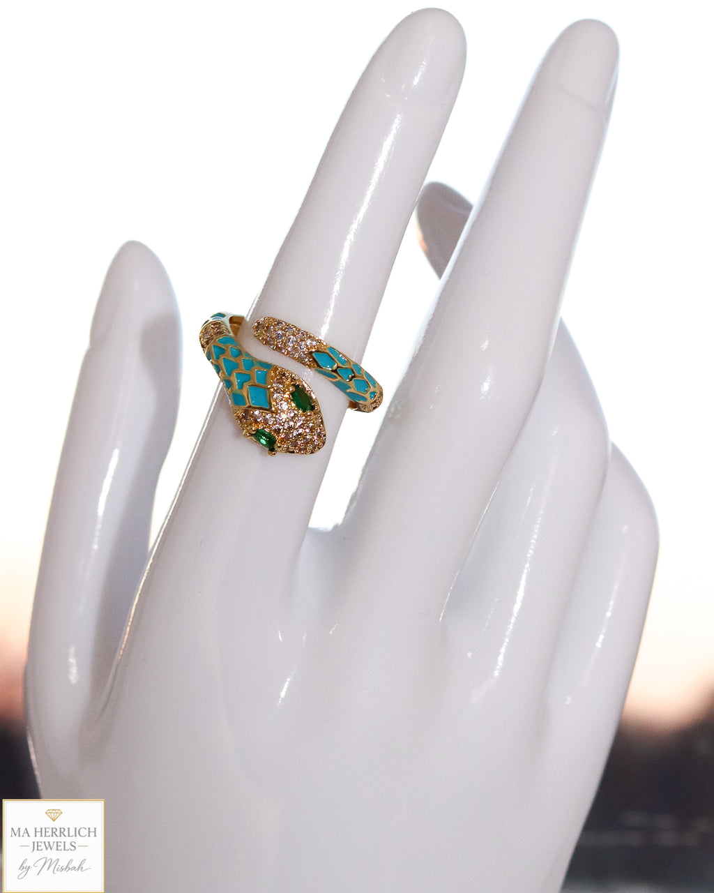 Adjustable Snake Ring with Green Eyes Statement