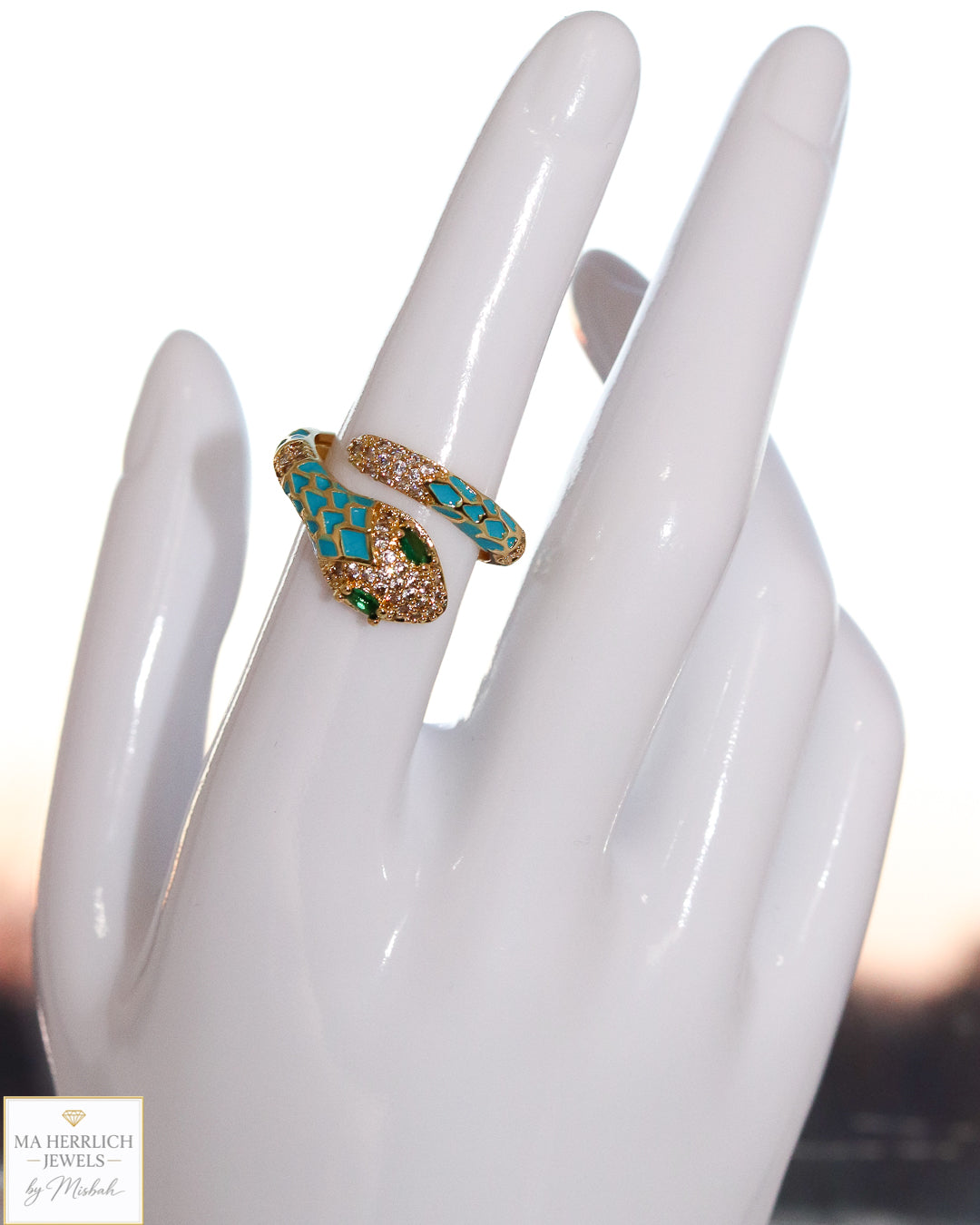 Adjustable Snake Ring with Green Eyes Statement