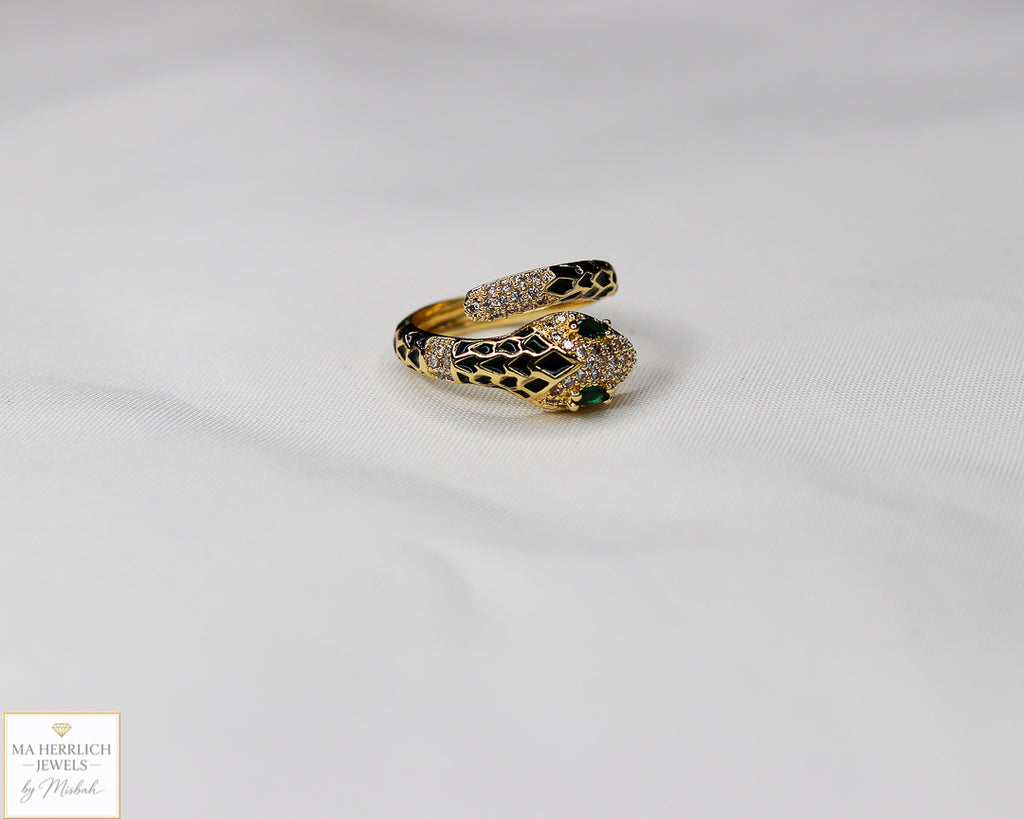 Adjustable Snake Ring with Green Eyes Statement