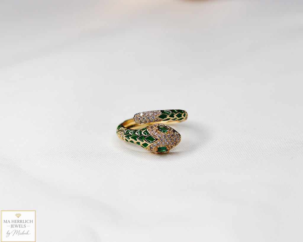Adjustable Snake Ring with Green Eyes Statement