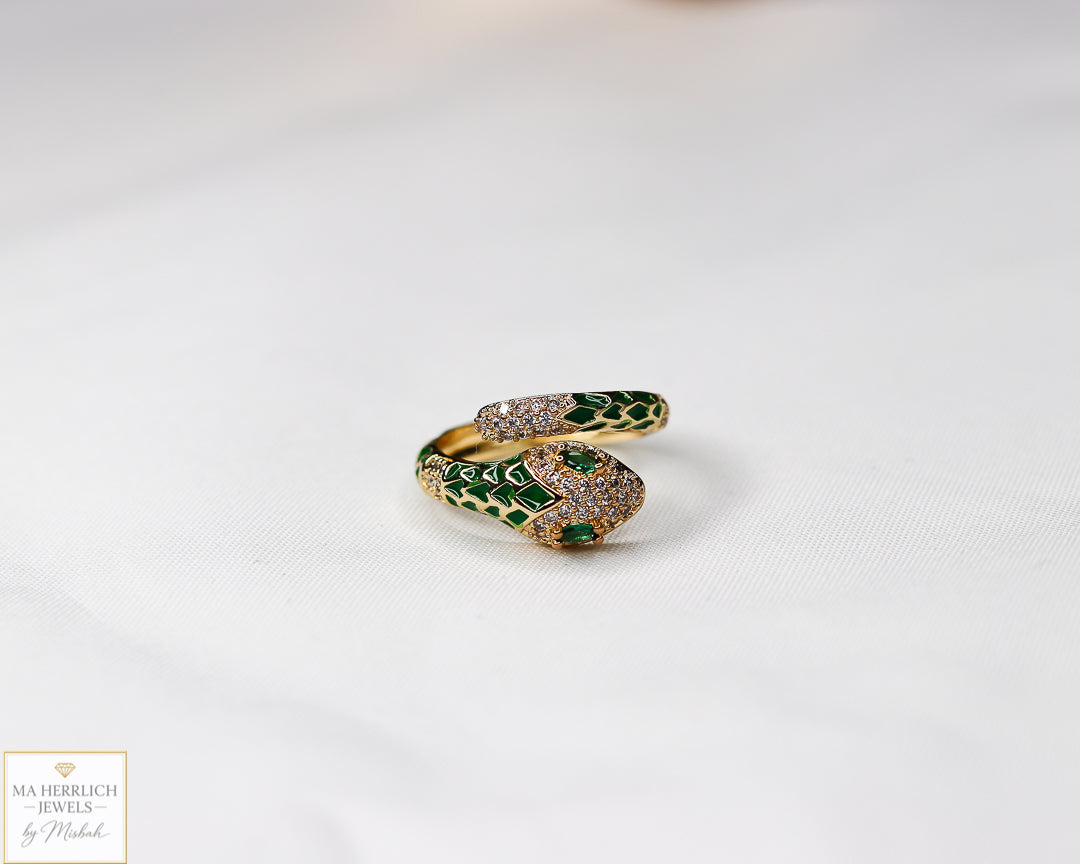 Adjustable Snake Ring with Green Eyes Statement