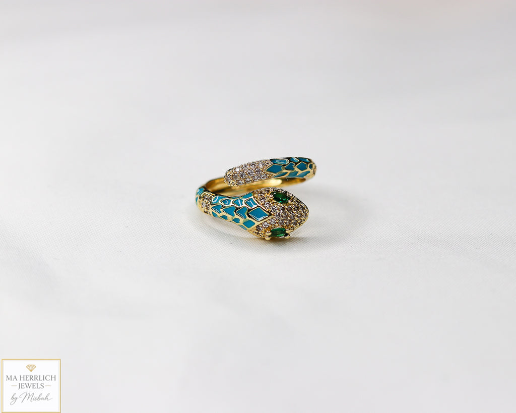 Adjustable Snake Ring with Green Eyes Statement