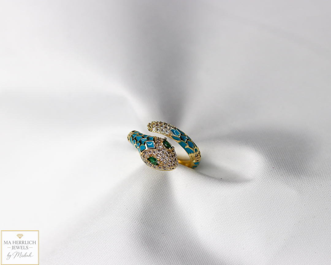 Adjustable Snake Ring with Green Eyes Statement