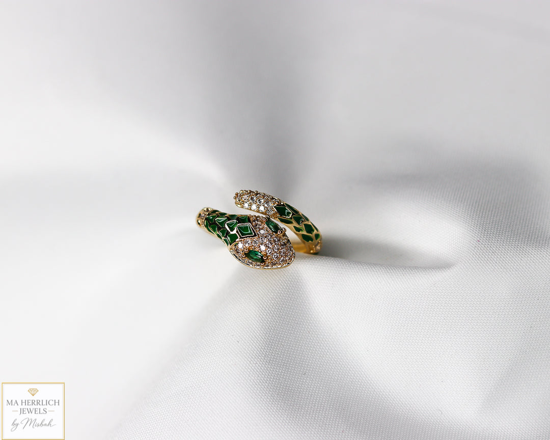 Adjustable Snake Ring with Green Eyes Statement