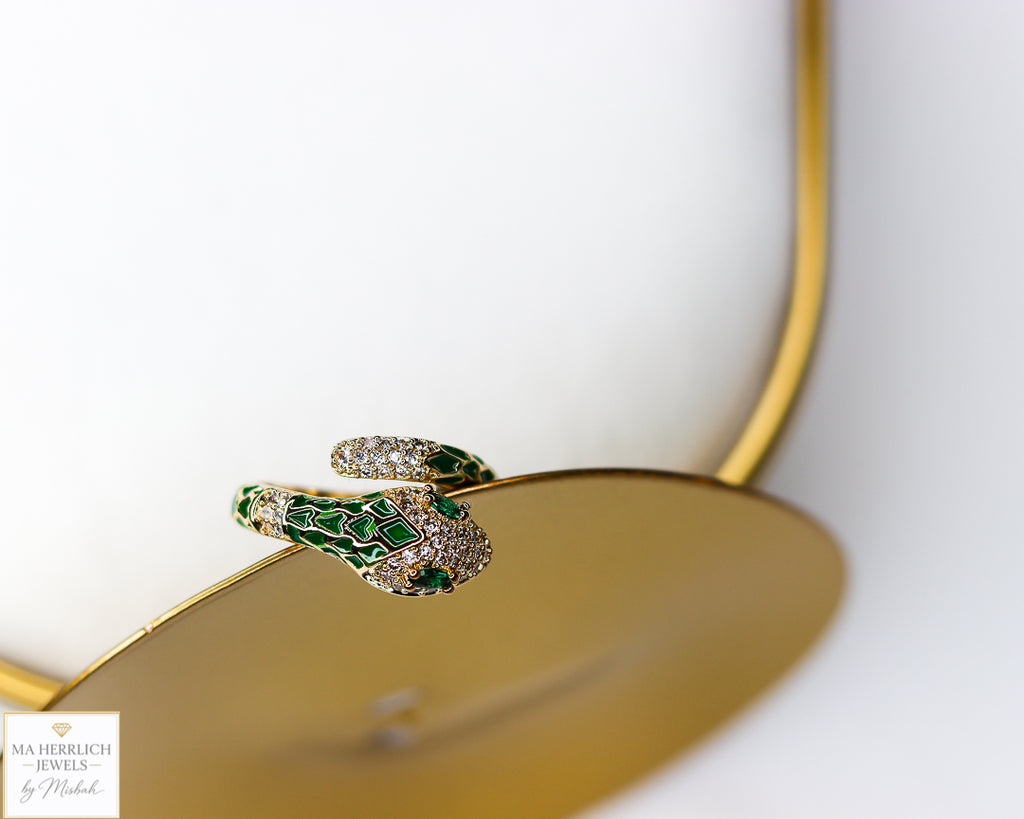 Adjustable Snake Ring with Green Eyes Statement