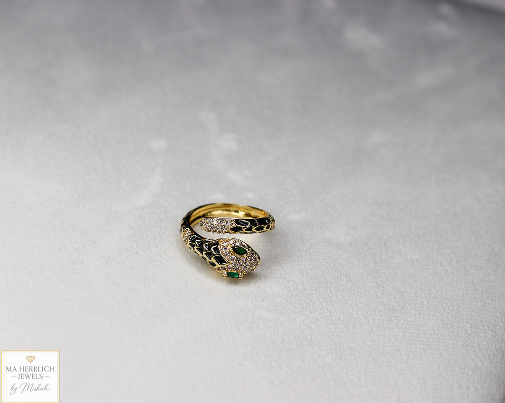 Adjustable Snake Ring with Green Eyes Statement