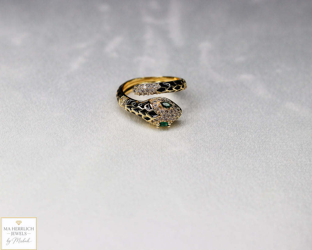 Adjustable Snake Ring with Green Eyes Statement