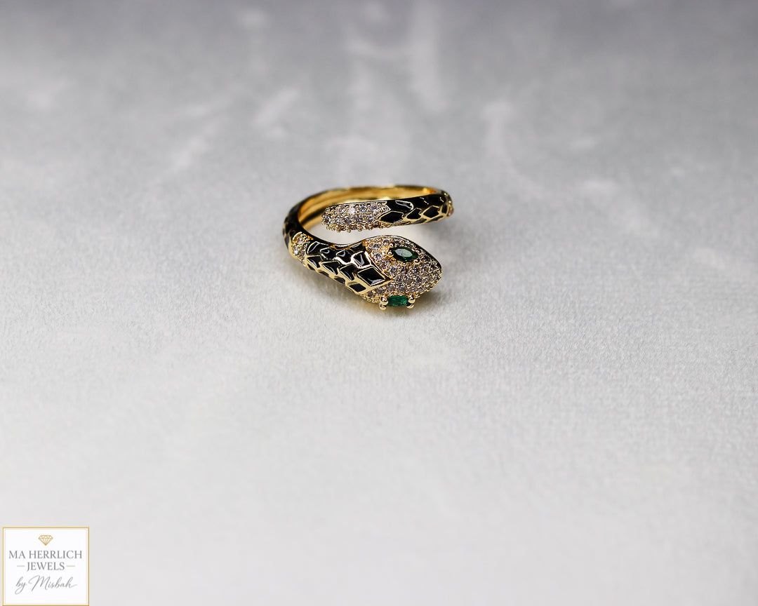 Adjustable Snake Ring with Green Eyes Statement