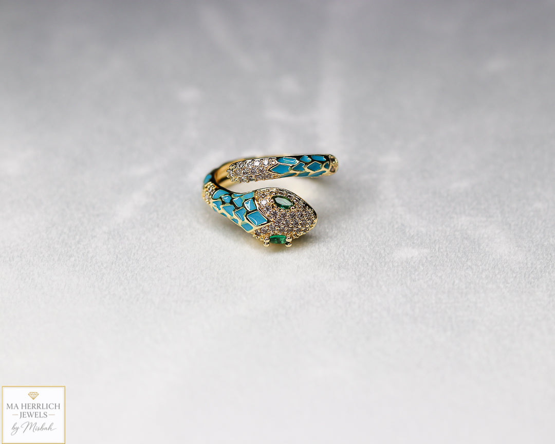 Adjustable Snake Ring with Green Eyes Statement