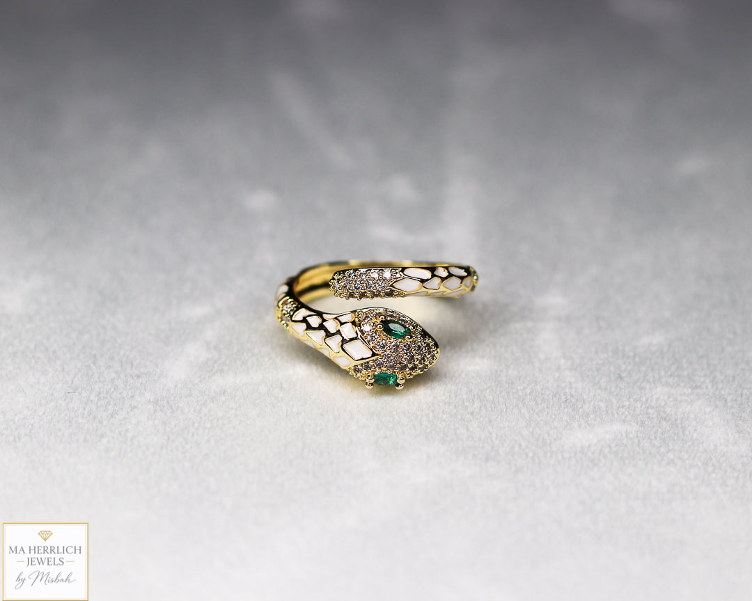 Adjustable Snake Ring with Green Eyes Statement