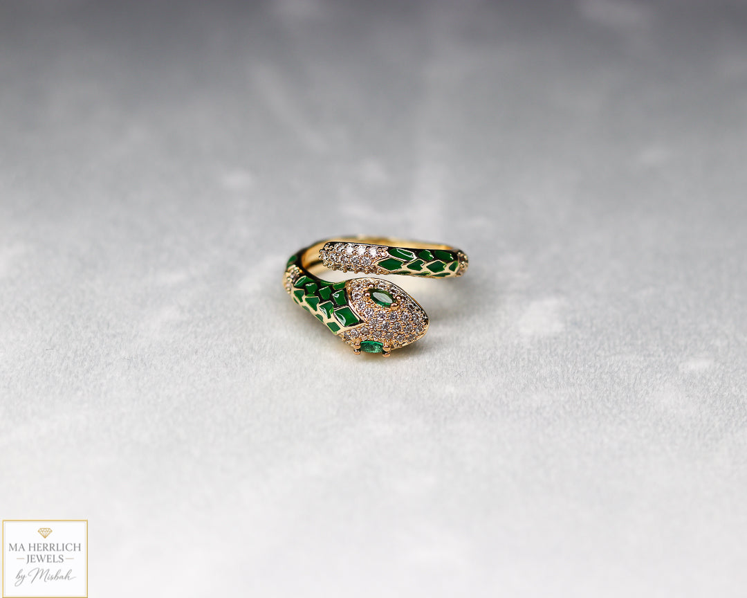 Adjustable Snake Ring with Green Eyes Statement