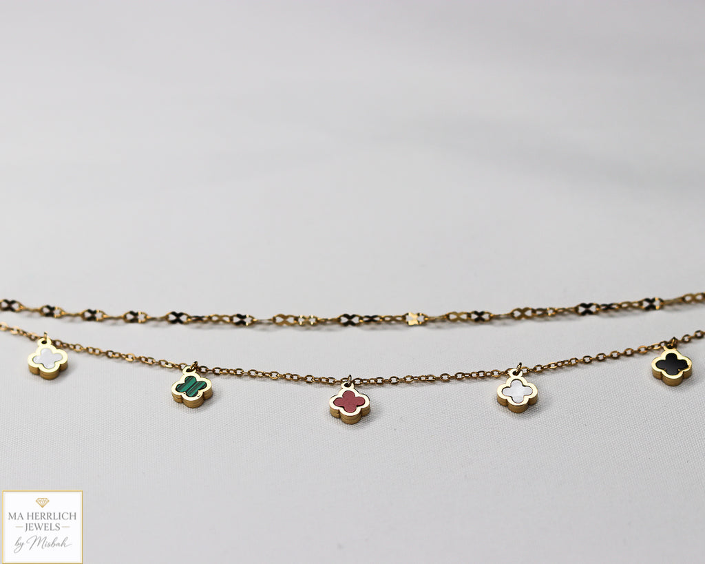 Four Leaf Clover Stainless Steel Double Chain Anklet