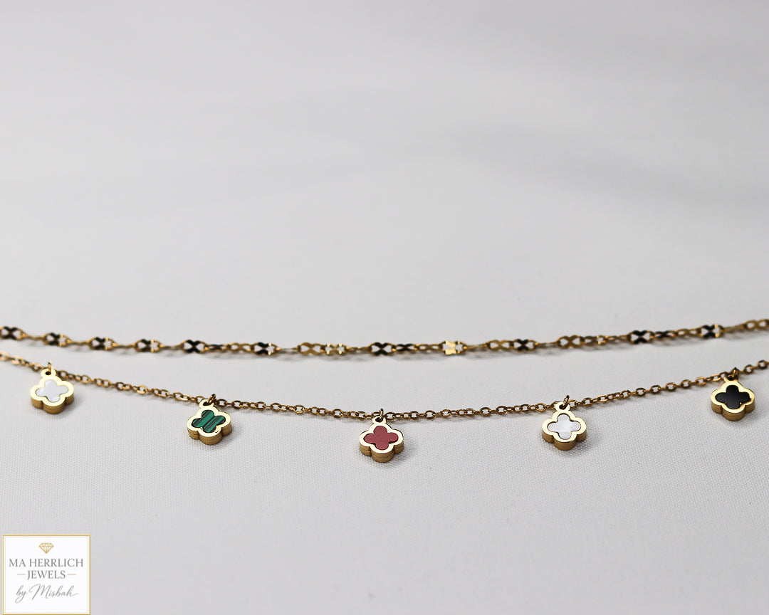 Four Leaf Clover Stainless Steel Double Chain Anklet