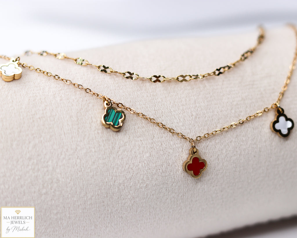 Four Leaf Clover Stainless Steel Double Chain Anklet