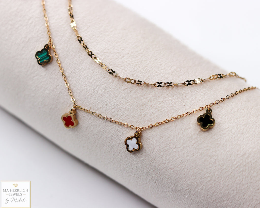 Four Leaf Clover Stainless Steel Double Chain Anklet