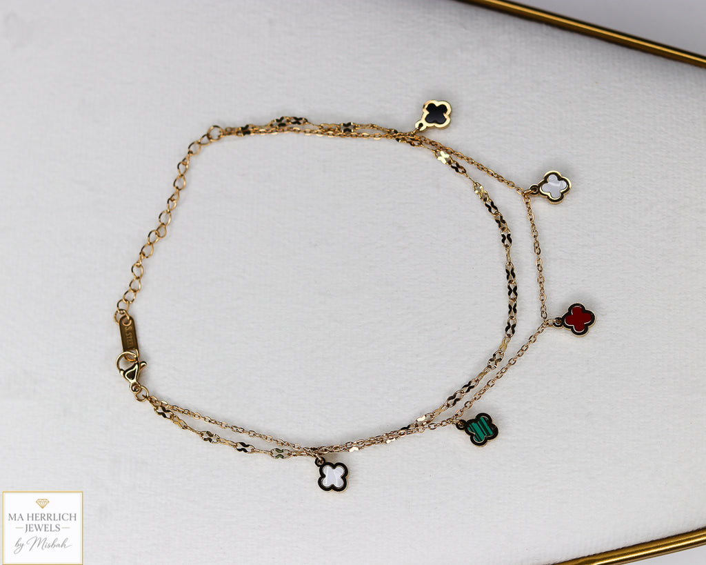Four Leaf Clover Stainless Steel Double Chain Anklet