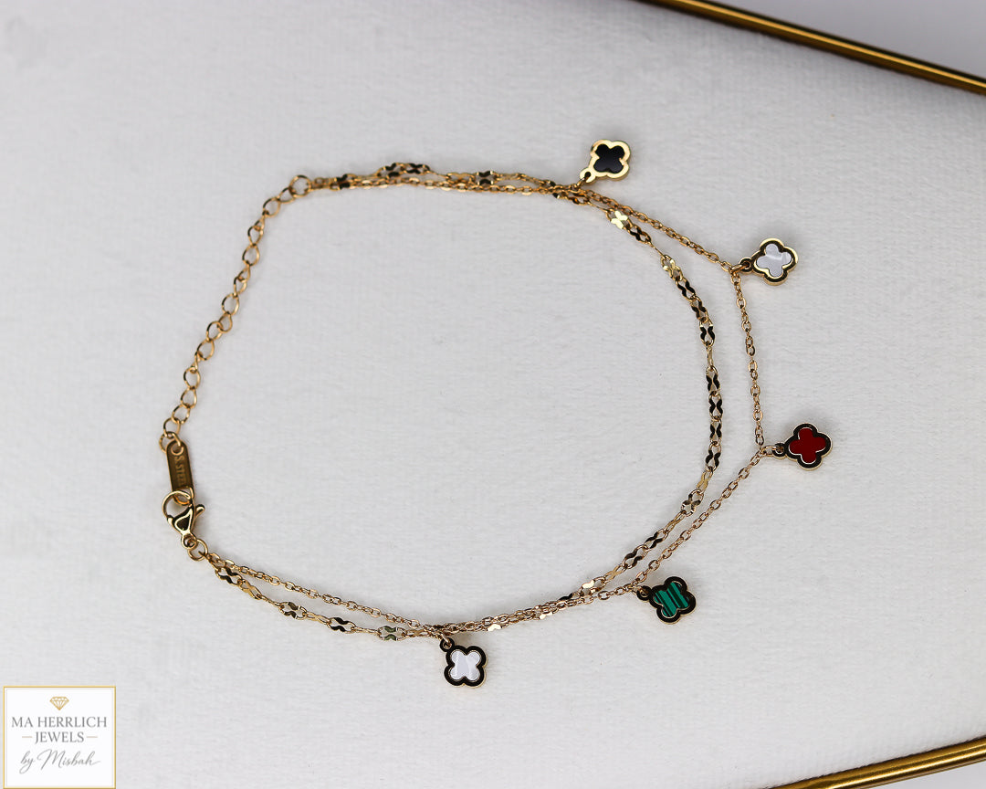 Four Leaf Clover Stainless Steel Double Chain Anklet