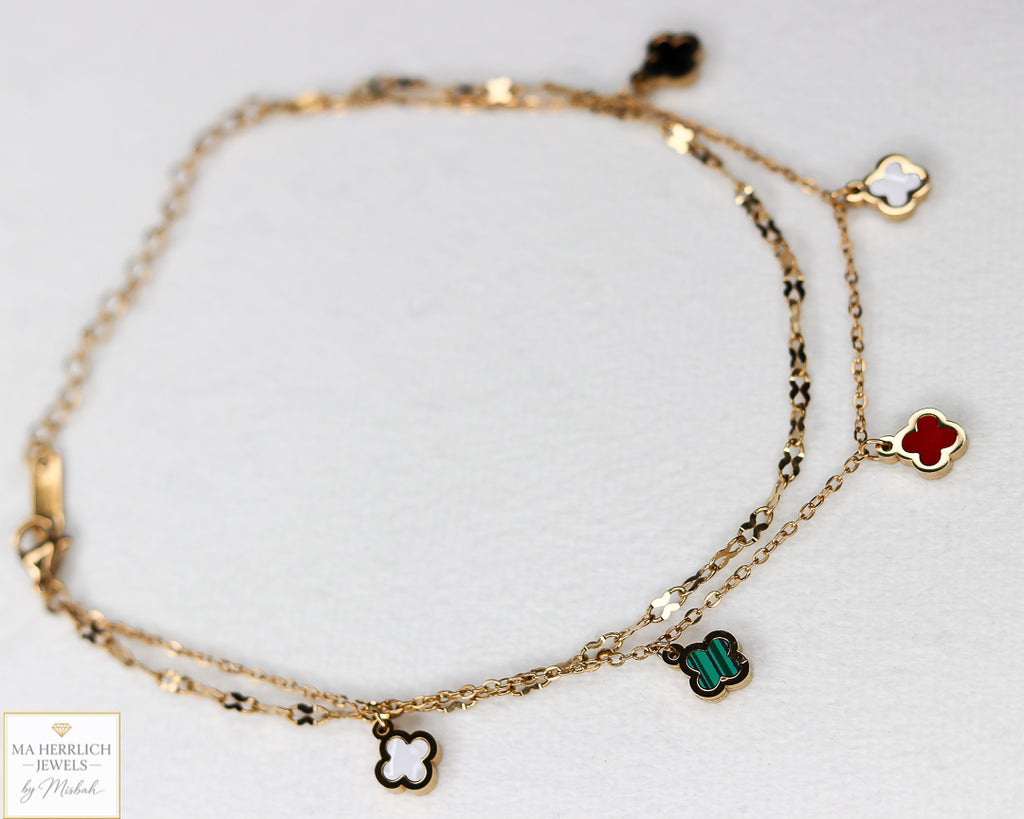 Four Leaf Clover Stainless Steel Double Chain Anklet