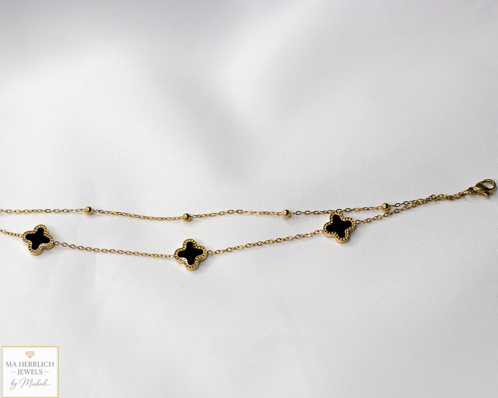Double Chain Black Four Leaf Clover Anklet