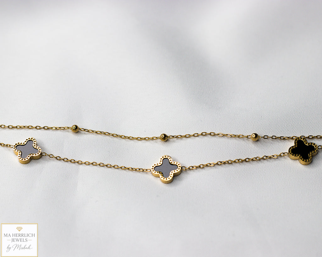 Double Chain Black Four Leaf Clover Anklet