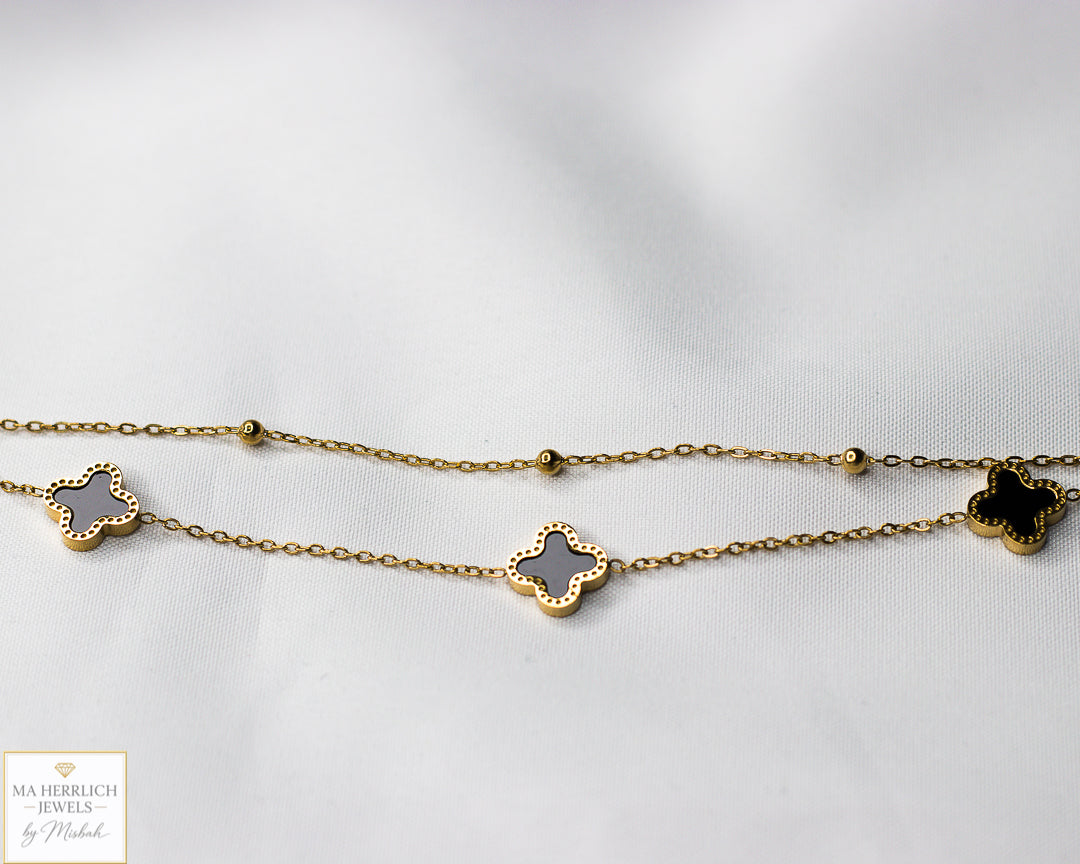 Double Chain Black Four Leaf Clover Anklet
