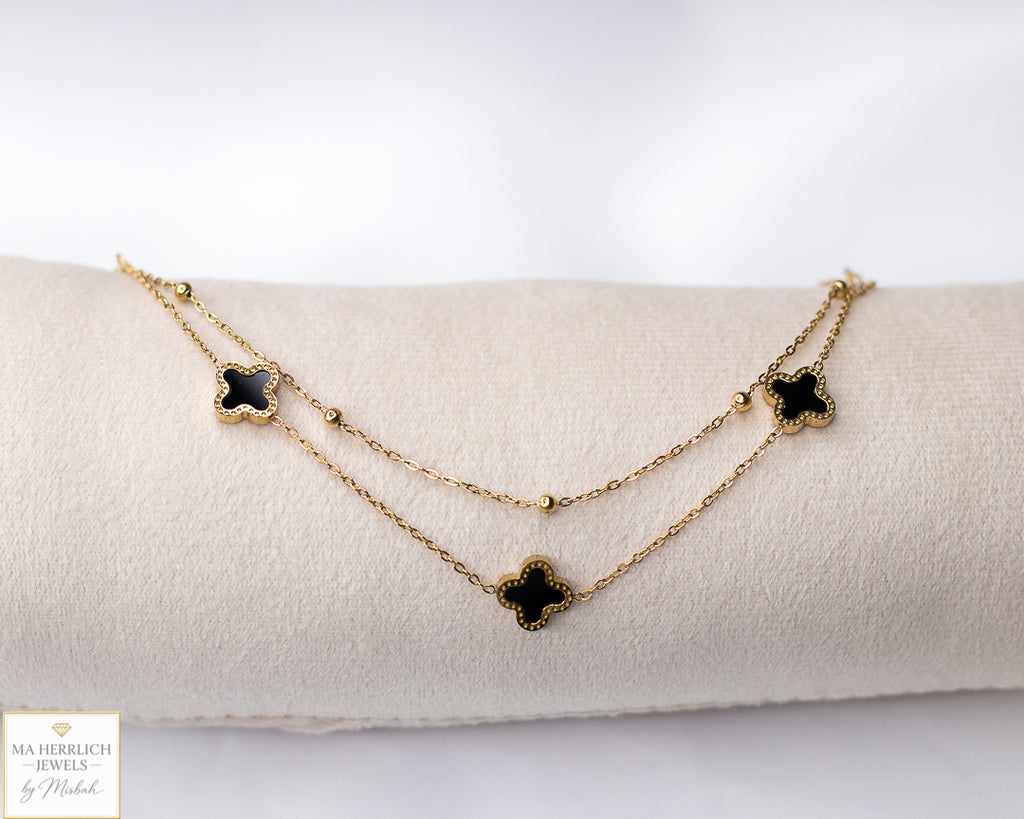 Double Chain Black Four Leaf Clover Anklet
