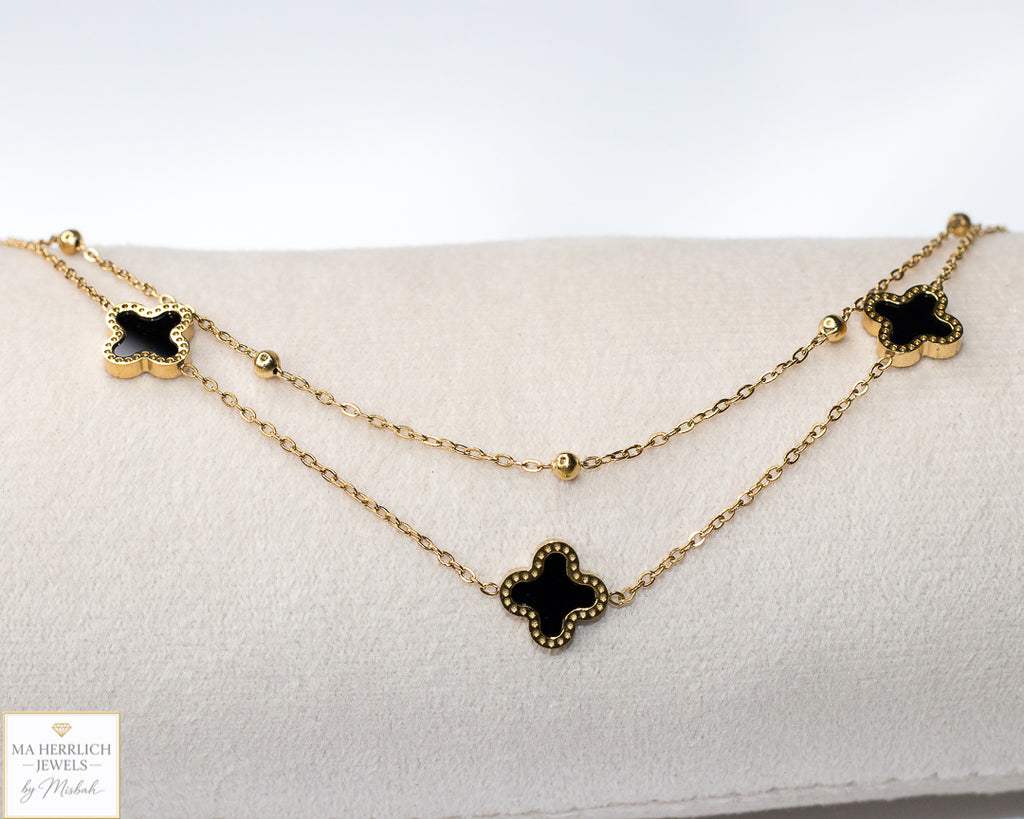 Double Chain Black Four Leaf Clover Anklet