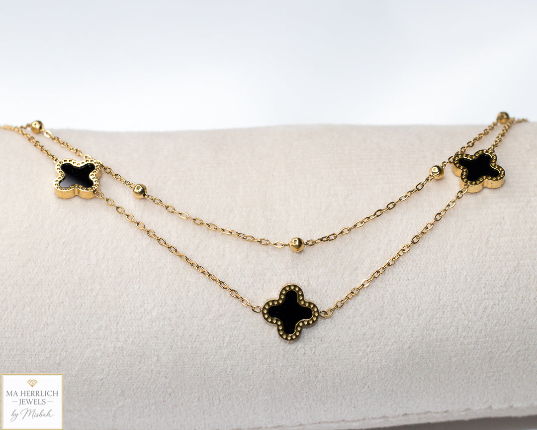 Double Chain Black Four Leaf Clover Anklet