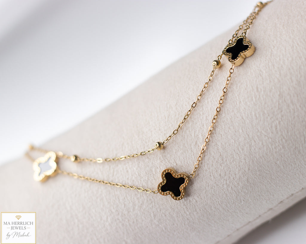 Double Chain Black Four Leaf Clover Anklet
