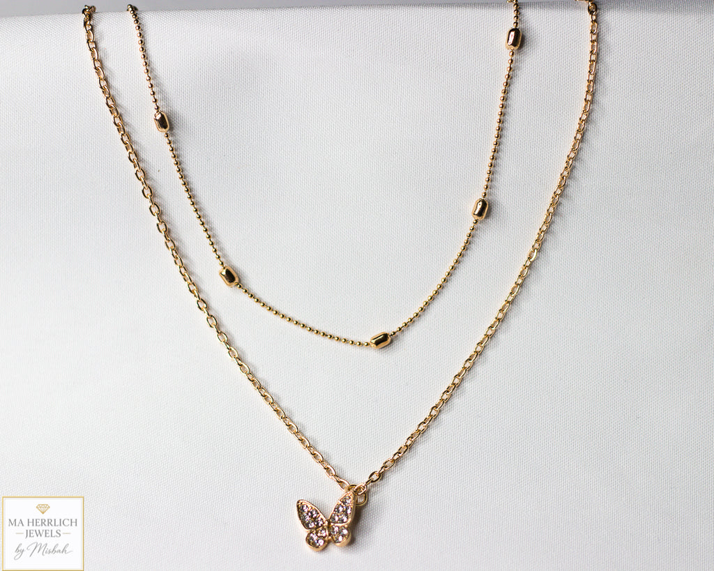Gold Butterfly Double Chain Necklace